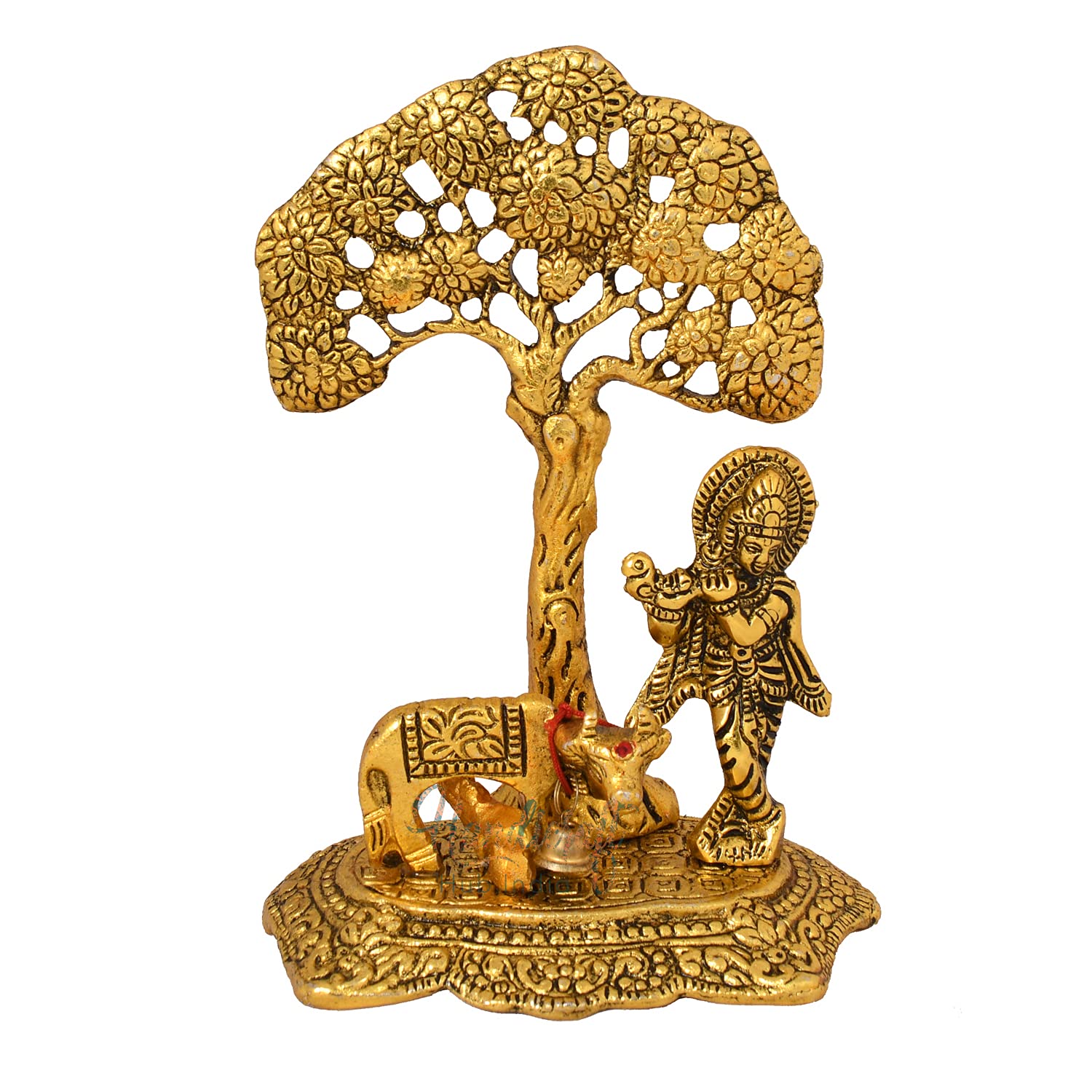 Tuelip Statue Idol Metal Krishna with Cow Standing Under Tree Playing Flute for Decorative Showpiece