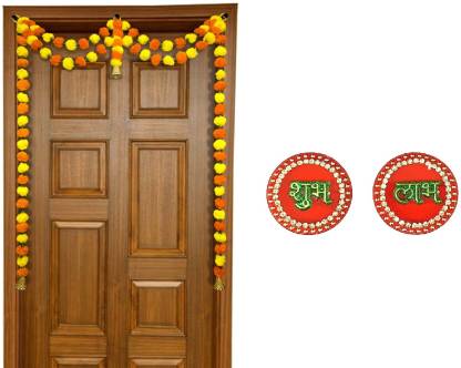 Tuelip Artificial Fluffy Door Hanging Garland Flower with Bell Toran & Acrylic Shubh Laabh