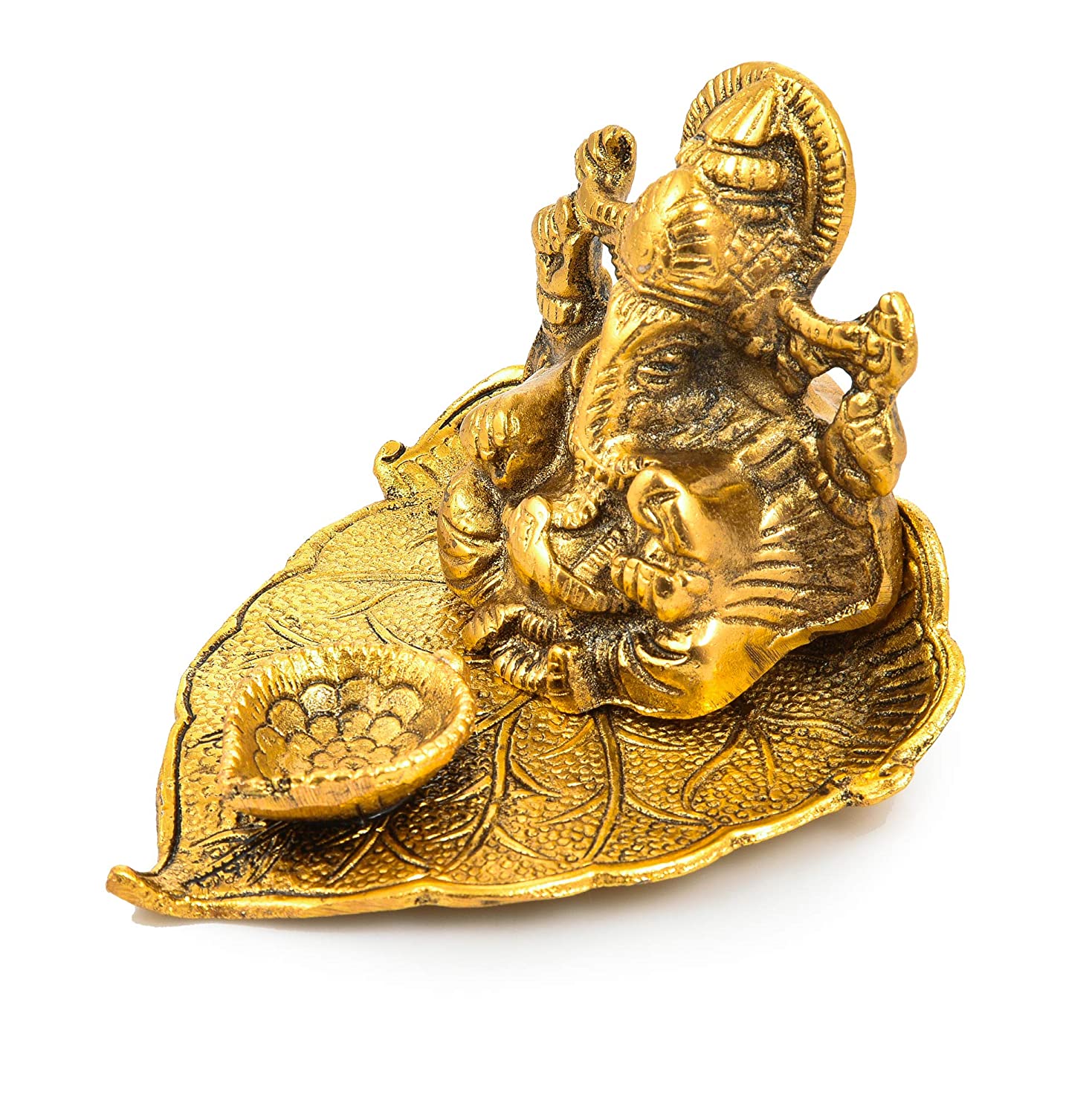 Tuelip Statue Idol Metal Ganesh Ji Sitting On Leaf with Diya Decorative Showpiece - 6.5 cm